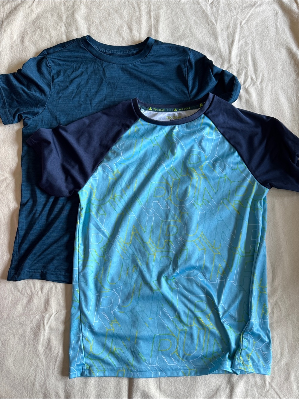 TekGear Boys L Performance Tees - Dk Teal and Lt Blue with Navy with RUN pattern